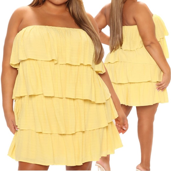 FASHIONNOVA NWT 1X 2X Yellow Ruffle It Up Strapless Mini Dress (T01.7) - Picture 2 of 5
